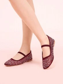 CUCCOO DOLLMOD Fashionable Wine Red Rhinestone Mesh Burgundy Mary Jane Flats, Cute & Sweet For School Students Valentine's Day