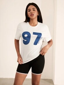 SHEIN Unity Women's Casual Number Embroidery Short Sleeve Cropped Round Neck T-Shirt - White - View 5