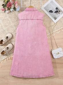 Girls' Washed Denim Pink Sleeveless Shirt Dress - Pink - View 2
