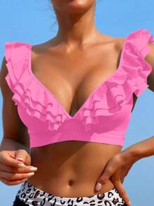 SHEIN Swim 2025 情人节海滩夏季简约休闲粉色比基尼泳装上衣，适合日常穿着 - 粉色 - 查看 1