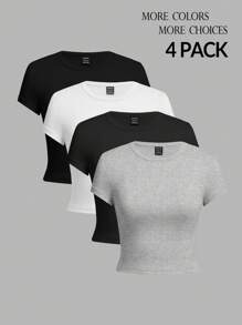 SHEIN PETITE Conjunto de 4 camisetas de mujer de manga corta, de cuello redondo, ajustadas, adecuadas para el verano, en color negro, blanco y gris con estampado floral