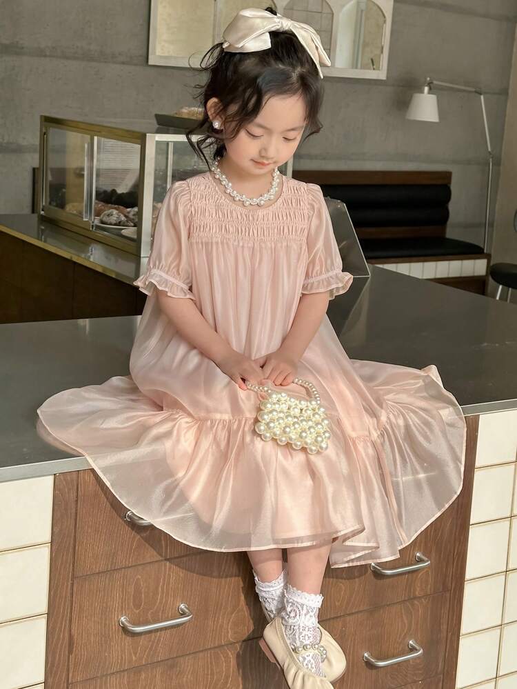 Robe princesse à manches courtes tissée, col rond, pour jeune fille, été