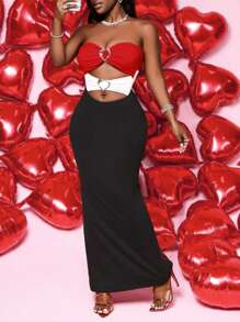 BamGleam Fashionable Sexy Contrast Color Splice Hollow-Out Bandeau Dress - Multicolor - View 6