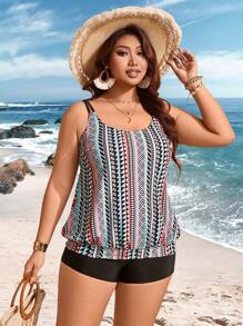 Swim Lushoire Ensemble 2 pièces grande taille pour femme avec imprimé géométrique abstrait rétro, débardeur court noir à bretelles et short, bikini élégant et casual à encolure bâtarde