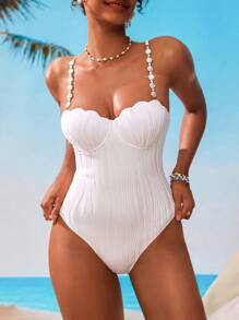 SHEIN X Sofía Suescun Swim Vcay 1 件女式纯色纹理细肩带连体泳衣，适合度假和海滩，适合夏季度假 - 白色 - 查看 5