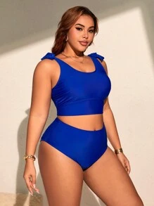 SHEIN Swim Curve Bikini de talla grande para mujer de unicolor con tirantes de mariposa y cintura alta para el verano - azul real - Ver 5