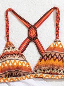 Women's Beach Vacation Bohemian Texture Halter Bikini Swimwear Set, Backless Handmade Woven Criss Cross Tank Top And Drawstring Swim Shorts, Suitable For Beach Outings For Summer Beach Vacation