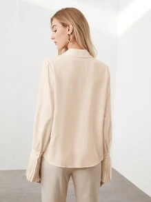 BizChic Top con mangas largas y abullonadas, cuello beige y abertura frontal, nuevo para verano 2025. Elegante camisa con detalles fruncidos apta para uso en el trabajo, casual, diario, playa, boda, concierto de verano, brunch y aeropuerto