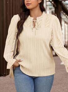 SHEIN Clasi Plus Size Casual Solid Color Lace Patchwork Shirt