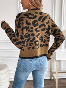 SHEIN Unity Women's Leopard Print Jacquard Tie Long Sleeve Cardigan - Brown - View 2