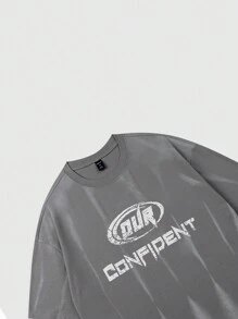 ROMWE MEN Street Life Men's Casual Washed Letter Print Short Sleeve T-Shirt - Grey - View 3