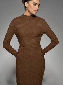 MISSGUIDED Luxury Long Sleeve Bodycon Maxi Dress With High Neck Textured Lace Design Form-Fitting Elegant Evening Gown Perfect For Wedding Guest Prom Red Carpet Events