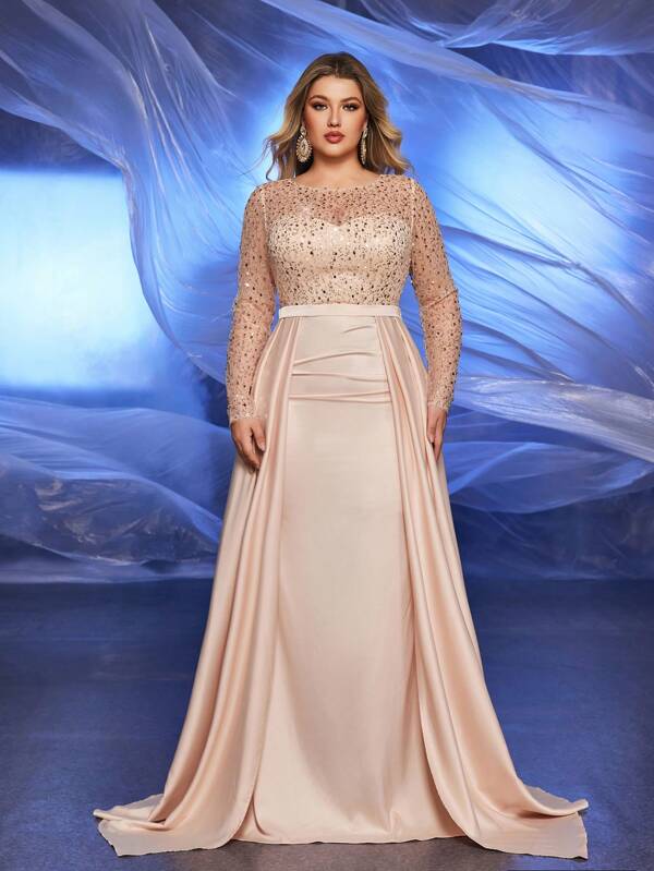 Glamrae Plus Size Elegant Romantic Champagne Sequin Contrast Satin Long Sleeve Tight Fishtail Belt Dress, Suitable For Party Wedding Celebration, Dinner Gown, Wedding Guest Dress, Formal Dress, Evening Dress