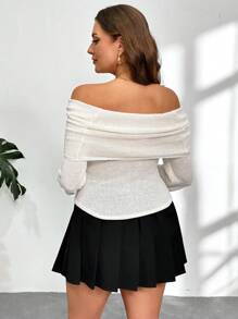 SHEIN Privé 女士加大码露肩杏色紧身长袖 T 恤，浪漫约会假日休闲 T 恤 - 黑色 - 查看 2