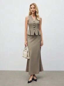 BizChic Set de 2 piezas Traje de chaleco y falda color caqui para mujeres, para usar en negocios/fiestas/citas, Primavera y Verano, Día de San Valentín - Caqui - Ver 7
