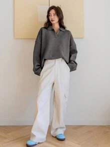 Dazy-Less Jersey de punto de unicolor con escote en V minimalista para mujer, estilo casual de dinero antiguo