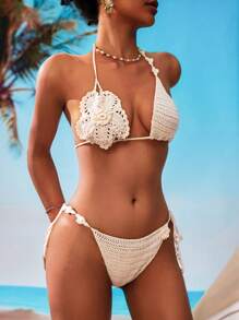 SHEIN Swim 女士 3D 花朵针织露背罩衫套装，适合度假和海滩，适合夏季 - 卡其色 - 查看 3
