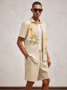 AKNOTIC Business Casual 2 Stücke Herren Floral Muster Locker Sitzende Lässig Hemd Set, in Khaki, geeignet für den täglichen Gebrauch und Urlaub, Frühling/Sommer - Khaki - Übersicht 3
