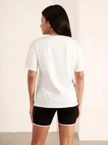 SHEIN Unity Women's Casual Number Embroidery Short Sleeve Cropped Round Neck T-Shirt - White - View 2