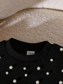 Elladie kids 年轻女孩珍珠装饰圆领短款泡泡袖 T 恤 - 黑色 - 查看 3