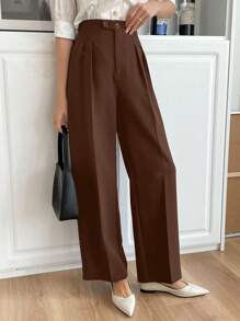 DAZY Casual Plain Solid Color Long Pants, Simple Fashionable Everyday Business Style,Women Dress Pants - Brown - View 5