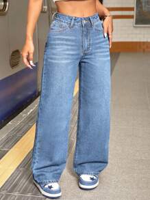 SHEIN PETITE 女士口袋宽松阔腿休闲牛仔裤 - 淺色水洗藍 - 查看 4