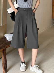 DAZY Women's Solid Color Pleated Loose Bermuda Shorts - Dark Grey - View 4