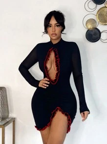 SHEIN SXY Women Mini Long Sleeve Hollow Design Casual Dress, Fashionable & Suitable For Daily Wear,Valentine's Day,Robe Sexy,Sexy Dress For Women,Date Night Outfit,Date Night Outfits Women,Black Dresses For Women