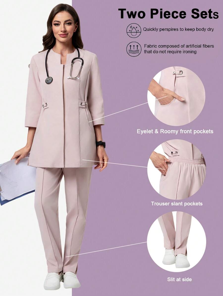 Scrubzie 2pcs Set Women Long Sleeve Shirt & Pants, Nursing Scrub Uniform - Pink - View 1