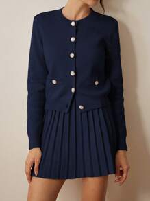 Aveloria Rosie 奢华时尚高端口袋开衫和高腰褶皱迷你裙两件套 - 藏蓝色 - 查看 5