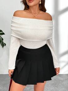 SHEIN Privé 女士加大码露肩杏色紧身长袖 T 恤，浪漫约会假日休闲 T 恤 - 黑色 - 查看 1