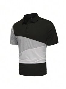 Manfinity Homme Manfinity Men's Casual Everyday Wear With An INS-Inspired Design, Featuring A Classic Black, White, And Gray Color-Blocked Knit Short-Sleeve Polo With A Button Placket. Perfect For Music Festivals, Hawaiian Beach Vacations, And Everyday Styling. Also Makes A Great Gift For A Boyfriend Or Husband. Men's Color Block Textured Fabric Casual POLO Shirt, Polo Shirts For Men, - Black and White - View 3