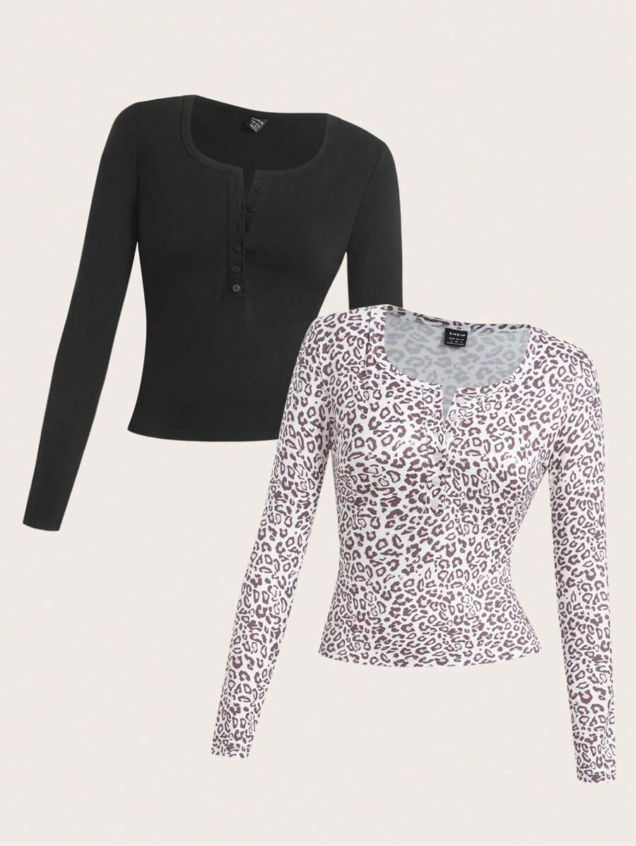 SHEIN EZwear 女士长袖合身前扣基本款上衣，休闲日常穿着 - 彩色 - 查看 1