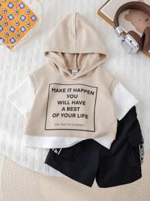 SHEIN 2pcs/Set Tween Boy Beige Summer Streetwear School Back-To-School Letter Print Oversized Hooded T-Shirt & Contrast Drawstring Cargo Shorts Set,Travel - Khaki - View 7