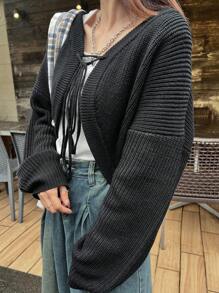 FRIFUL Women's Black Cropped Cardigan With Tie, Spring,Fall Clothes