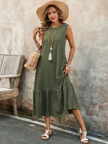 EMERY ROSE Summer Vacation Outfits Woman Solid Color Elegant Long Dress With Pockets - Olive Green - View 5