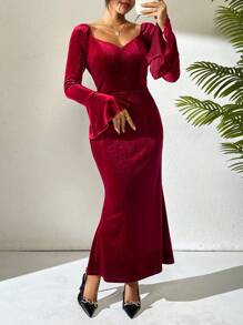 Calvaya French Style High-End Luxurious Niche Burgundy Velvet Dress Women, Suitable For Gala/Party, Autumn/Winter