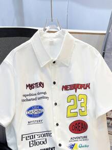 SHEIN 2pcs Teen Boys Casual Set: White Printed Short Sleeve Shirt + Black Shorts, Streetwear Punk Rock College Style For Everyday Wear, Party, Music Festival, Spring/Summer - White - View 3