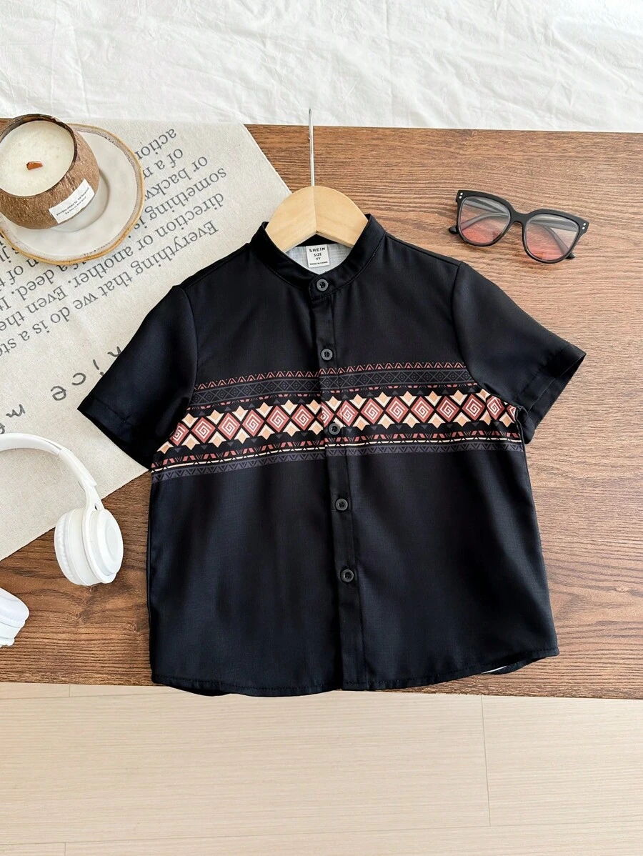 SHEIN 1 件装年轻男孩休闲花卉印花亚麻舒适短袖立领衬衫，适合外出、节日、学校、居家、春夏