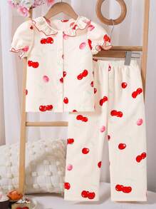 2pcs/Set Young Girl' Cute Cherry Ruffled Neck Short Sleeve Top And Pants Pajamas Set - Apricot - View 4