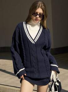 INAWLY V领麻花针织套头毛衣，休闲秋冬针织套头衫