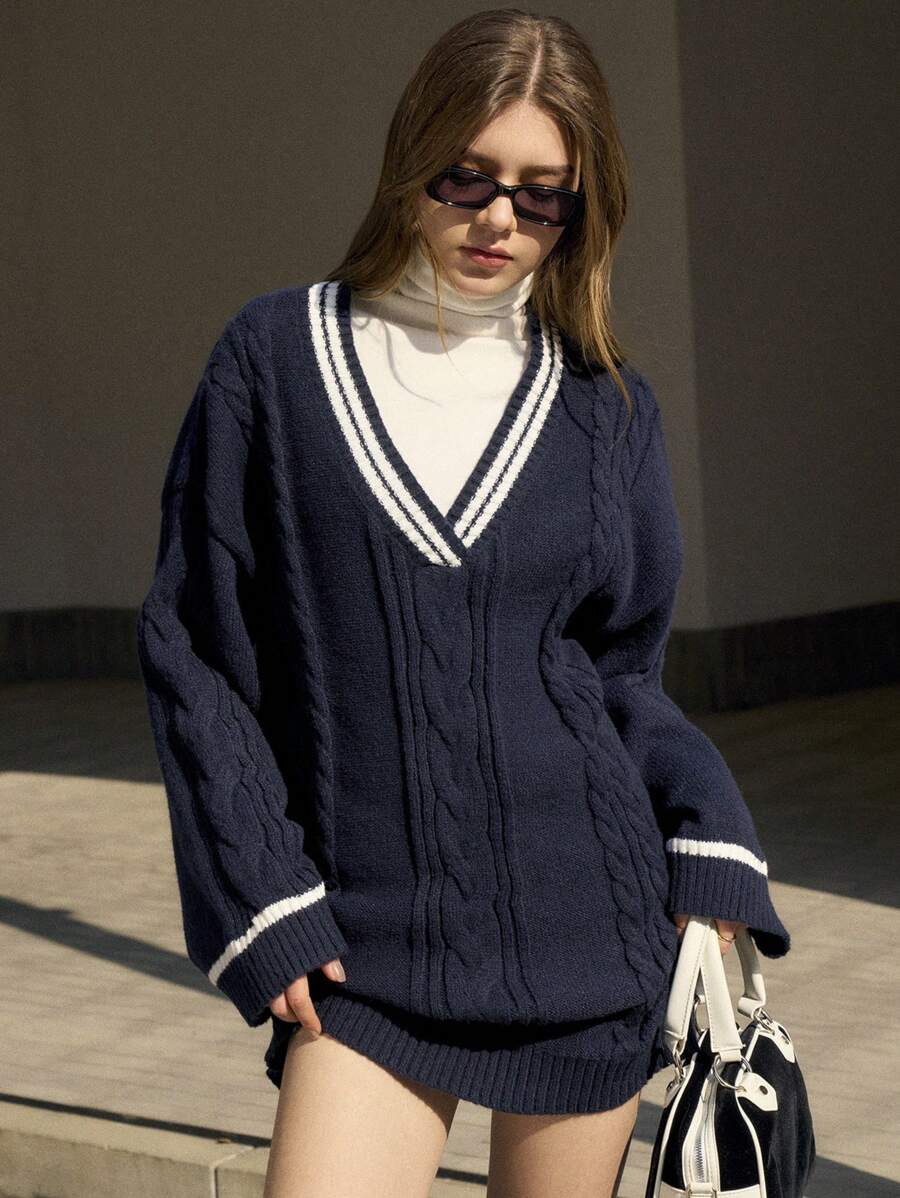 INAWLY V领麻花针织套头毛衣，休闲秋冬针织套头衫