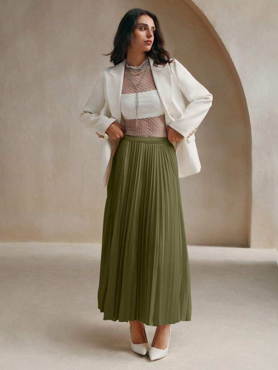 Anewsta Váy xếp ly thanh lịch màu trơn cho nữ Váy nữ - xanh quân đội - Xem 1