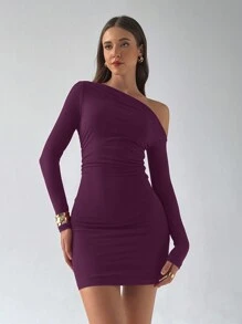 Aloruh Women's Long Sleeve Purple Mini Dress: One Shoulder Sexy Design,Off The Shoulder Top - Purple - View 5