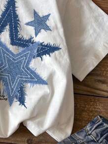 SHEIN Leap Crew Tween Girl Casual Minimalist White Short Sleeve Crew Neck T-Shirt With Star Pattern, Suitable For Summer - White - View 4