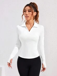 Easithlete Solid Color Pocket Long Sleeve Sports Polo Shirt - White - View 2