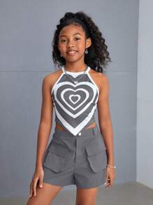 SHEIN Tween Girls Cool Street Style Knit Cami Top And Straight Leg Shorts Set - Grey - View 3