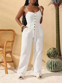 Slaydiva Women's White Sleeveless Jumpsuit, Suitable For Music Festivals, Easter, Graduation Season, Weddings, Student Wear, Attending Birthday Parties, Daily Casual Wear, Minimalist Style, Vacation, Cruise Travel, Beach, Sunbathing - White - View 4