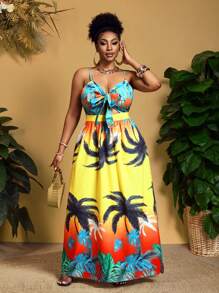 Slaydiva Spring And Summer New Style Holiday Sling Front Chest Strap Hollow A-Hem Long Skirt With Tropical Print Pattern All-Over Printing Yellow Women's Plus Long Dress-A
