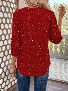 SHEIN LUNE Blusa casual de mujer con estampado de estrella, apta para uso en la oficina, para otoño/invierno - Rojo - Ver 2